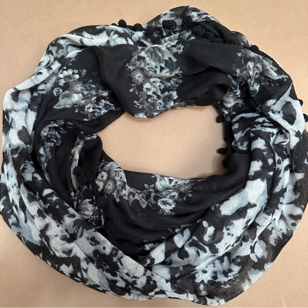 Black/White/Gray Abstract Floral Print Infinity Scarf with Pom Pom Tassels